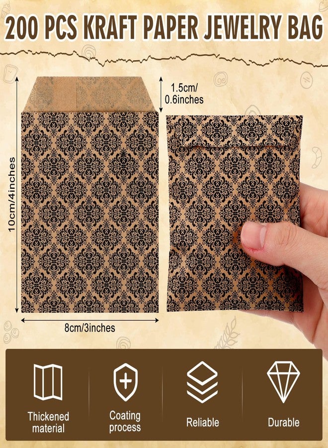 Sinload 200 Pcs Damask Kraft Paper Jewelry Bags 3 x 4 Inch Jewelry Travel Pouches Storage Bags Bulk Small Jewelry Organizer Pouches with Brown Black Damask for Women Holiday Gift Presents Packaging - Image 2